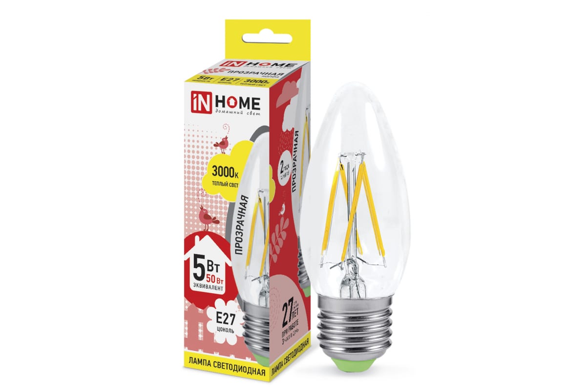 Лампа светодиодная LED-СВЕЧА-deco 5Вт 230В Е27 3000К 450Лм прозрачная IN HOME Лампа светодиодная LED-СВЕЧА-deco 5Вт 230В Е27 3000К 450Лм прозрачная IN HOME